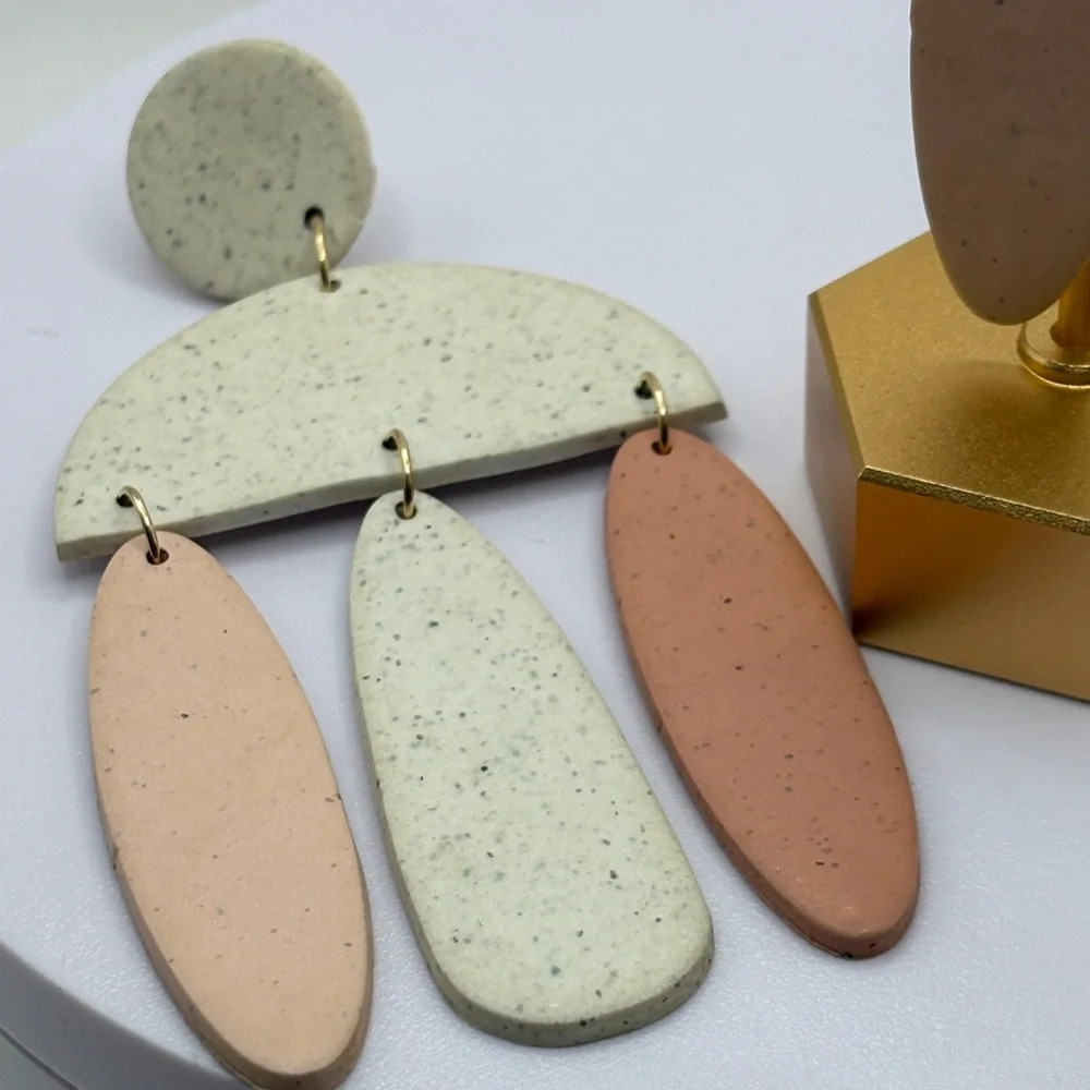 Modern Geometric Speckled Polymer Clay Dangle Earrings - Neutral Gray & Tan